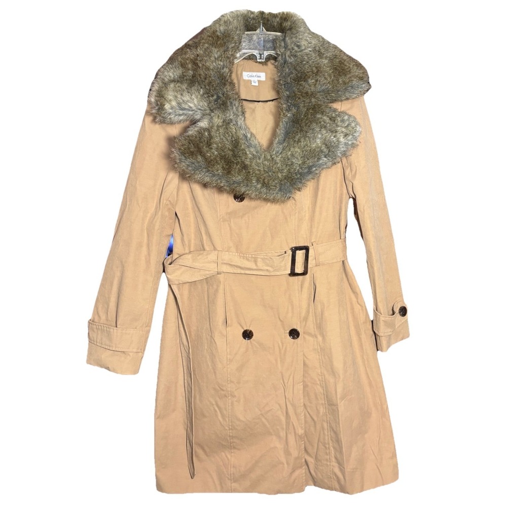 Calvin Klein Faux Fur Collar Trench Coat Women's M Khaki Belted Double Breasted